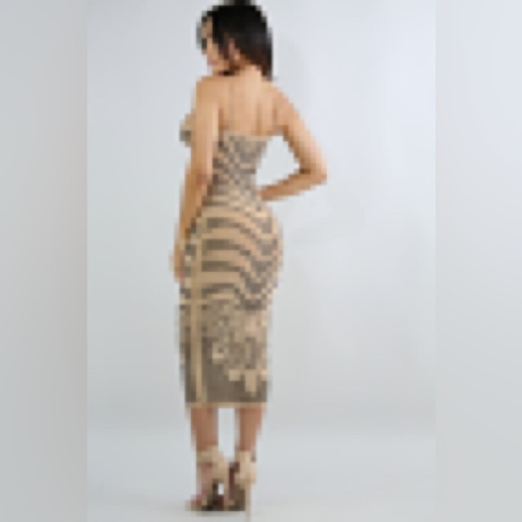 Banjul‎ Rhinestone Waves Body-Con Nude Stretchy midi shear dress Medium - Picture 3 of 16